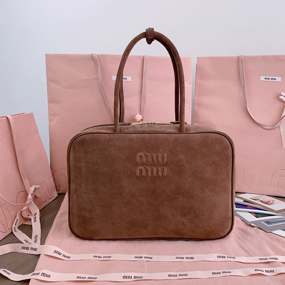 MIU MIU BEAU TOP HANDLE BAG 34 IN BROWN SUEDE