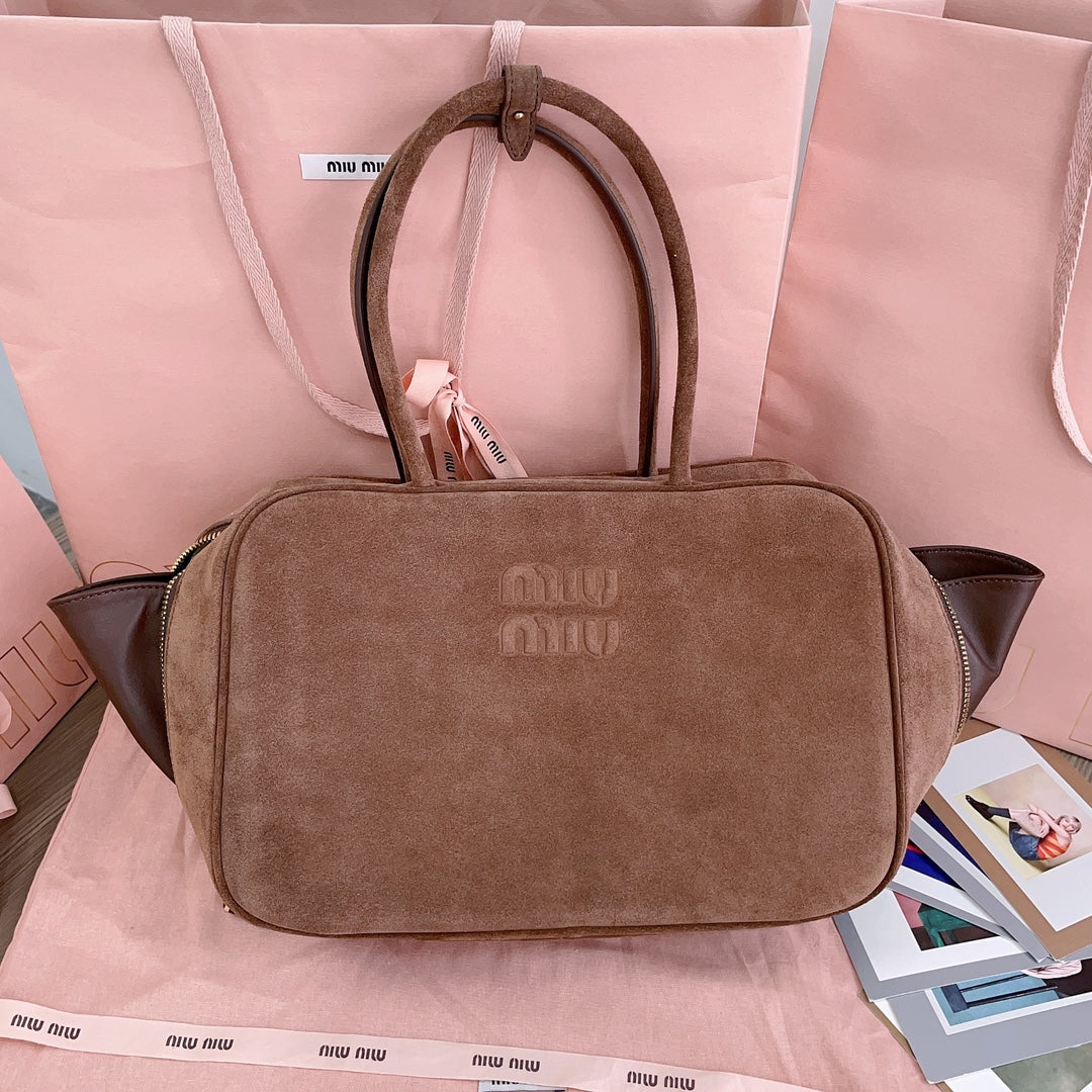 MIU MIU BEAU TOP HANDLE BAG 34 IN BROWN SUEDE