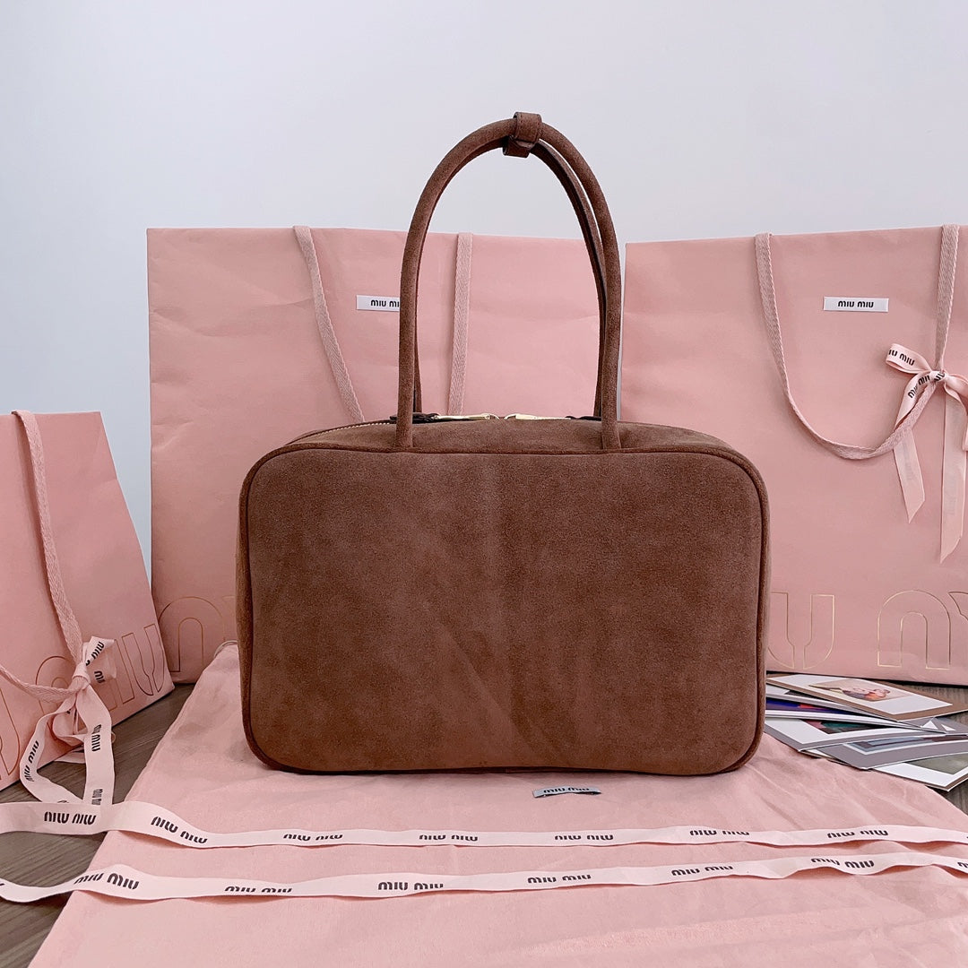 MIU MIU BEAU TOP HANDLE BAG 34 IN BROWN SUEDE