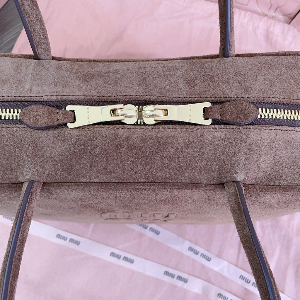 MIU MIU BEAU TOP HANDLE BAG 34 IN BROWN SUEDE