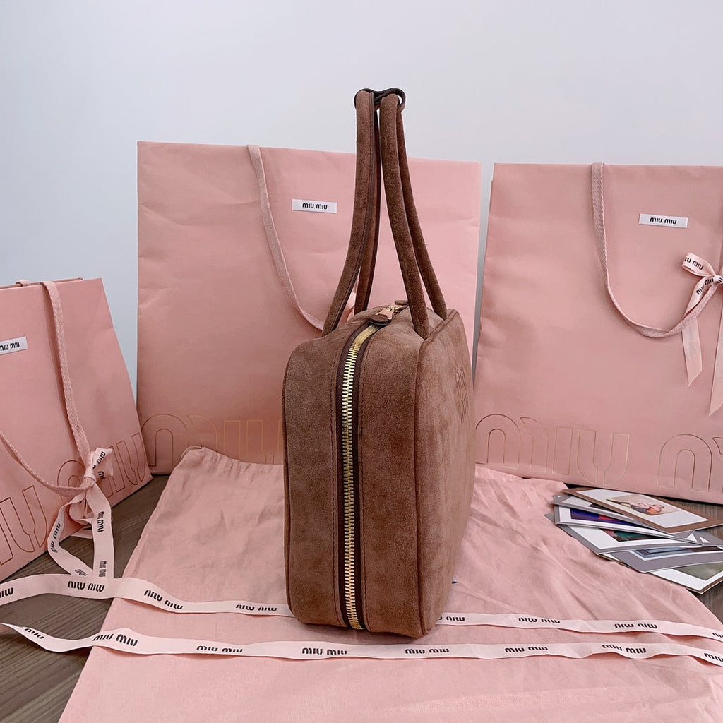 MIU MIU BEAU TOP HANDLE BAG 34 IN BROWN SUEDE
