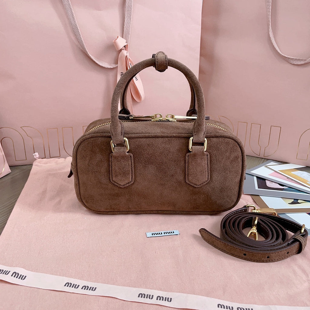 MIU MIU ARCADIE BAG 22 IN CEDAR BROWN SUEDE GOLD HARDWARE
