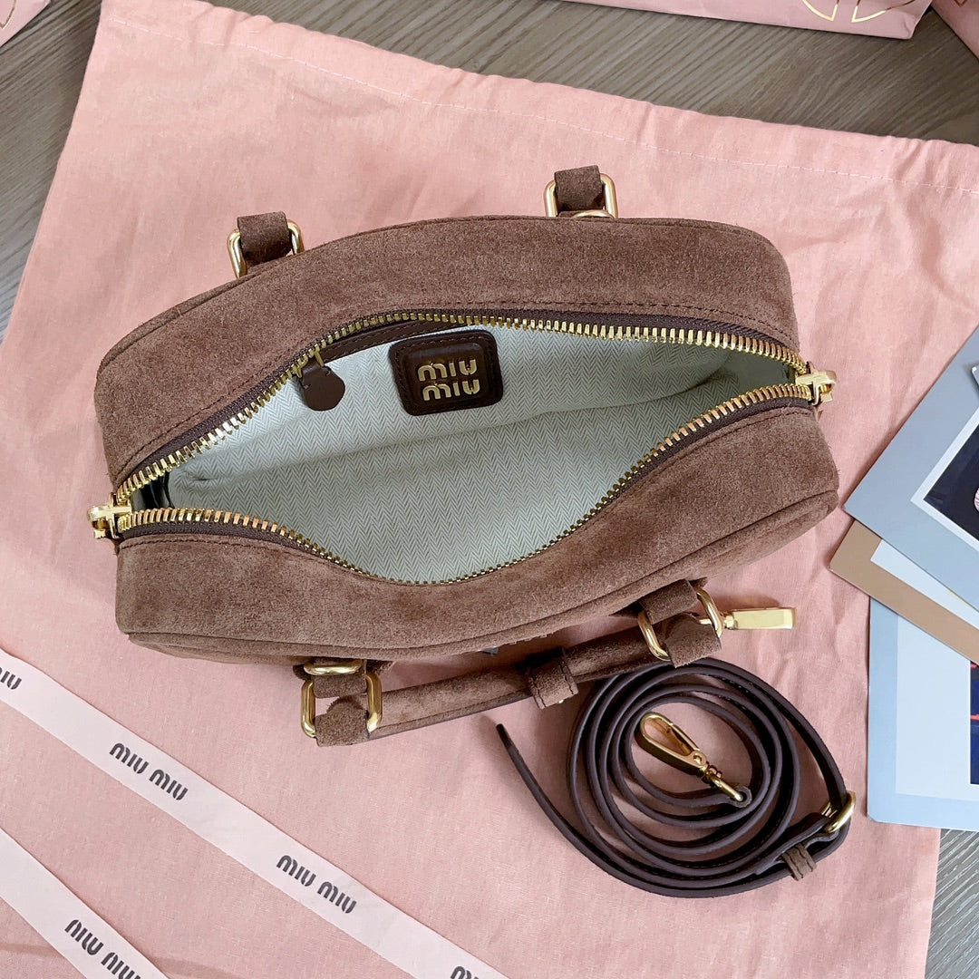 MIU MIU ARCADIE BAG 22 IN CEDAR BROWN SUEDE GOLD HARDWARE