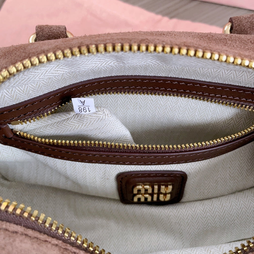 MIU MIU ARCADIE BAG 22 IN CEDAR BROWN SUEDE GOLD HARDWARE