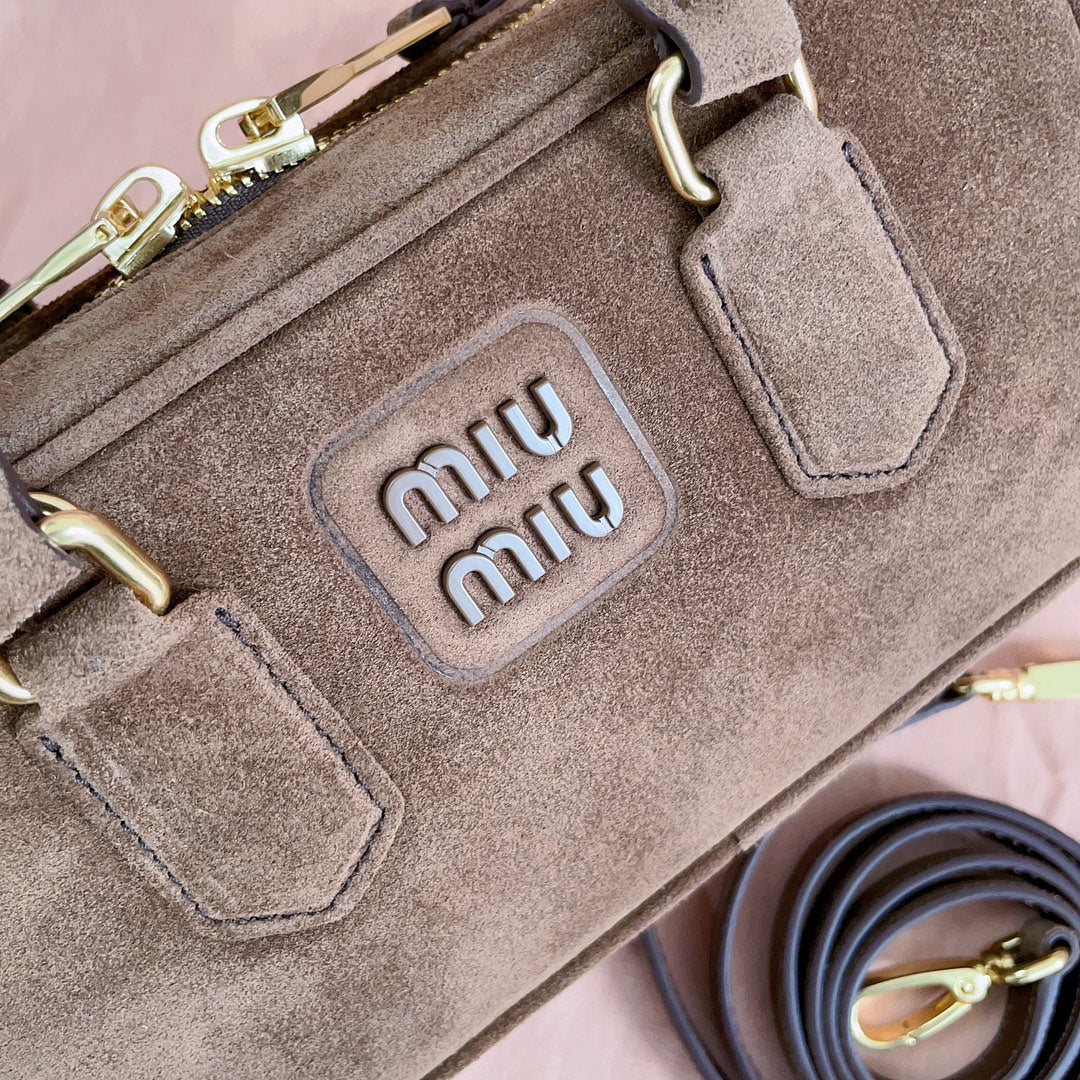 MIU MIU ARCADIE BAG 22 IN CEDAR BROWN SUEDE GOLD HARDWARE
