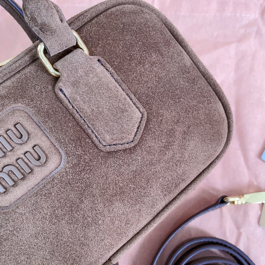 MIU MIU ARCADIE BAG 22 IN CEDAR BROWN SUEDE GOLD HARDWARE