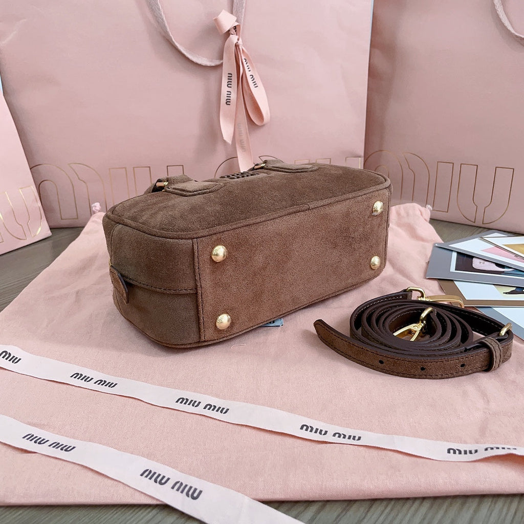 MIU MIU ARCADIE BAG 22 IN CEDAR BROWN SUEDE GOLD HARDWARE
