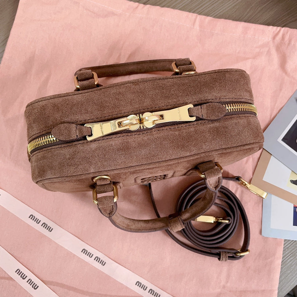 MIU MIU ARCADIE BAG 22 IN CEDAR BROWN SUEDE GOLD HARDWARE
