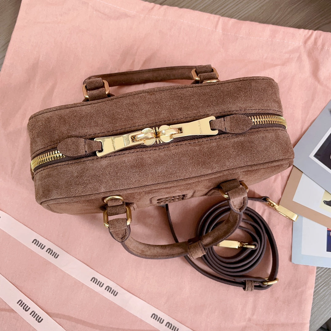 MIU MIU ARCADIE BAG 22 IN CEDAR BROWN SUEDE GOLD HARDWARE