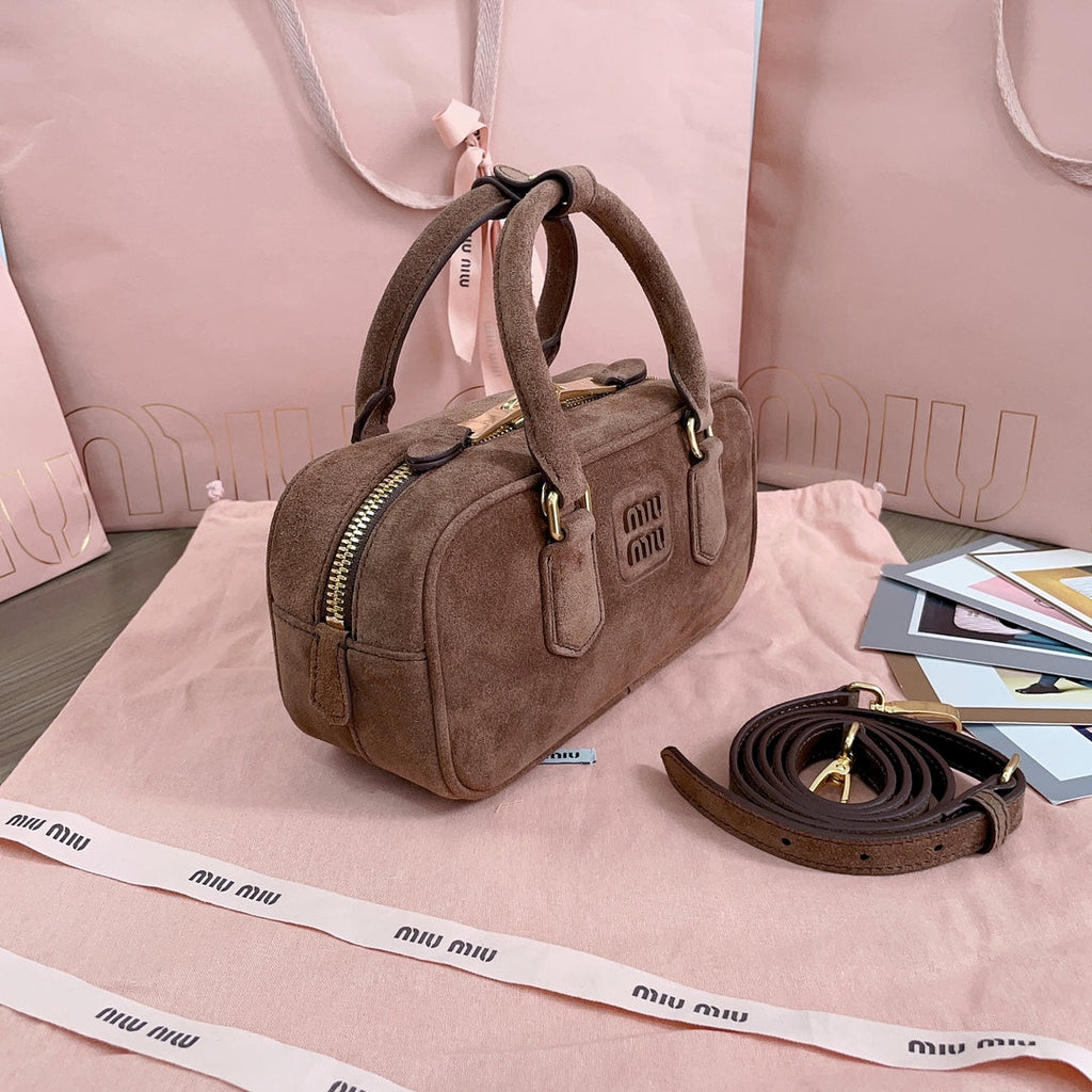 MIU MIU ARCADIE BAG 22 IN CEDAR BROWN SUEDE GOLD HARDWARE