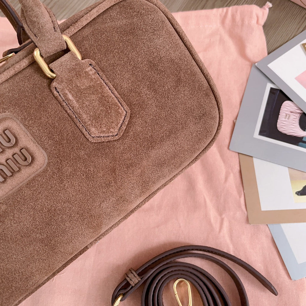 MIU MIU ARCADIE BAG 27 IN PENNY BROWN SUEDE GOLD HARDWARE