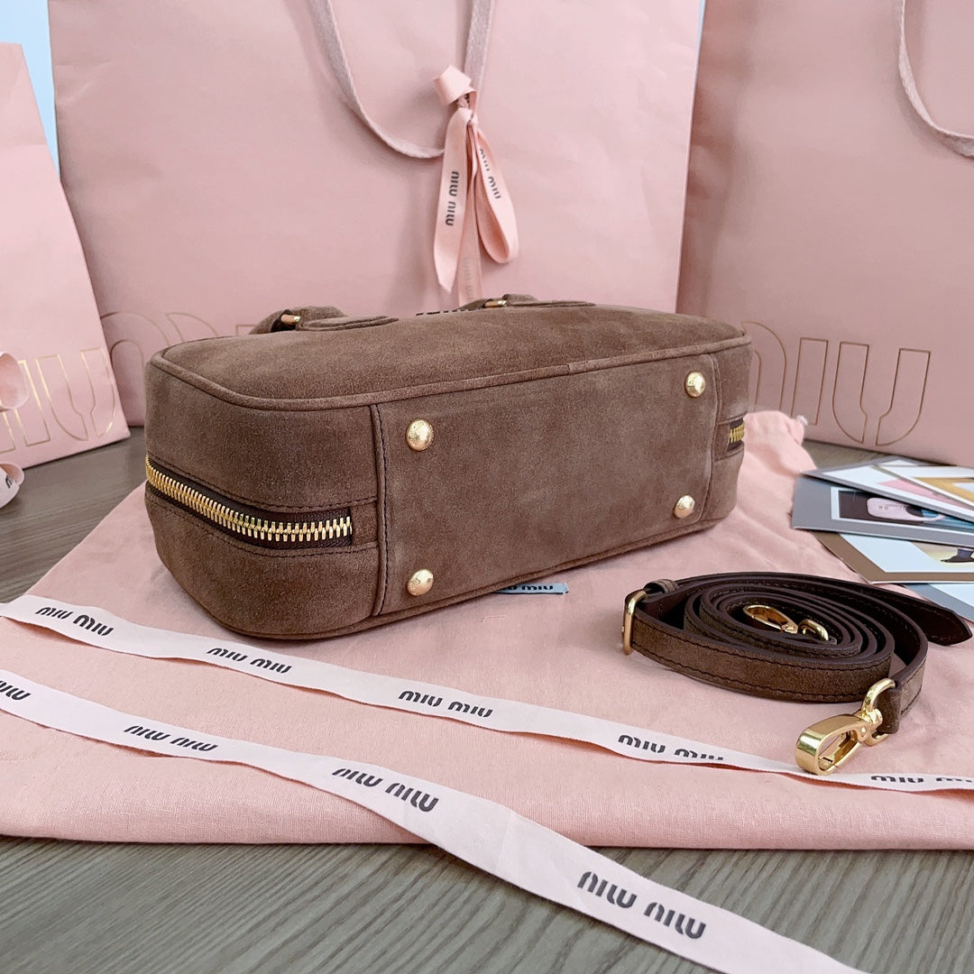 MIU MIU ARCADIE BAG 27 IN PENNY BROWN SUEDE GOLD HARDWARE