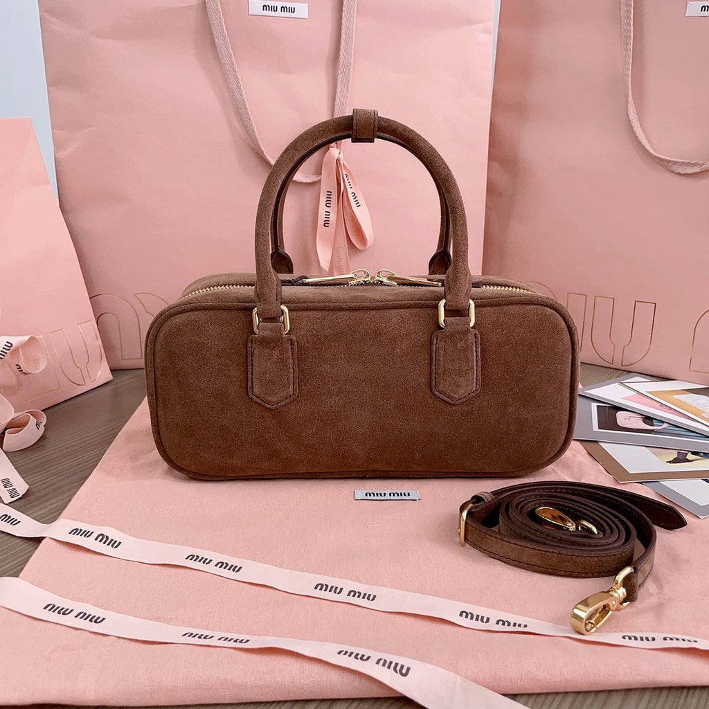MIU MIU ARCADIE BAG 27 IN PENNY BROWN SUEDE GOLD HARDWARE