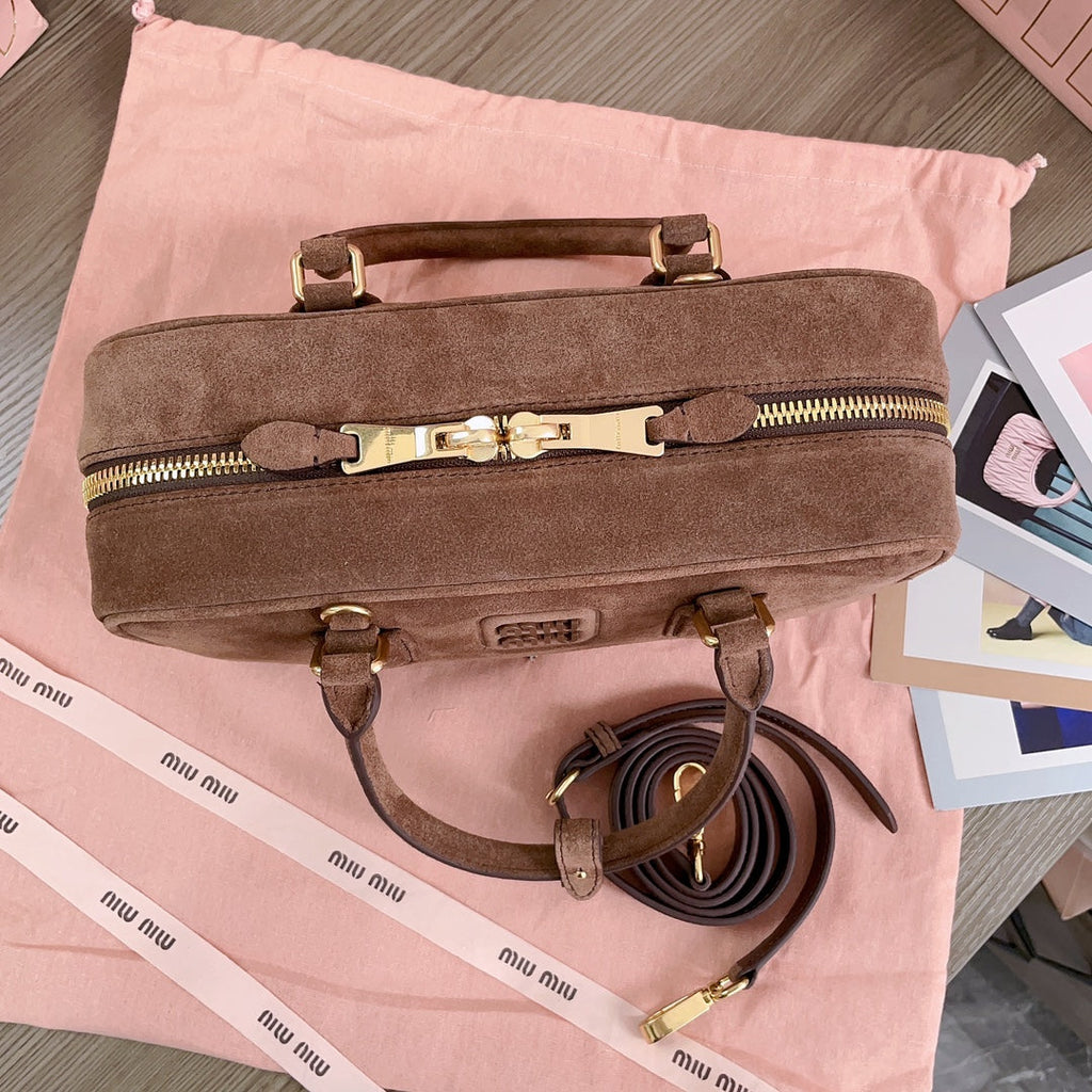 MIU MIU ARCADIE BAG 27 IN PENNY BROWN SUEDE GOLD HARDWARE