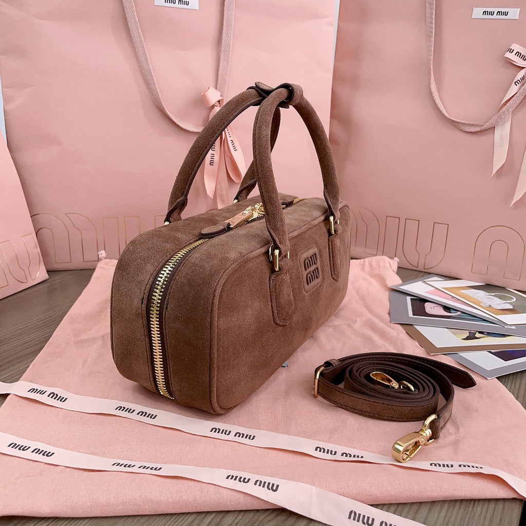 MIU MIU ARCADIE BAG 27 IN PENNY BROWN SUEDE GOLD HARDWARE