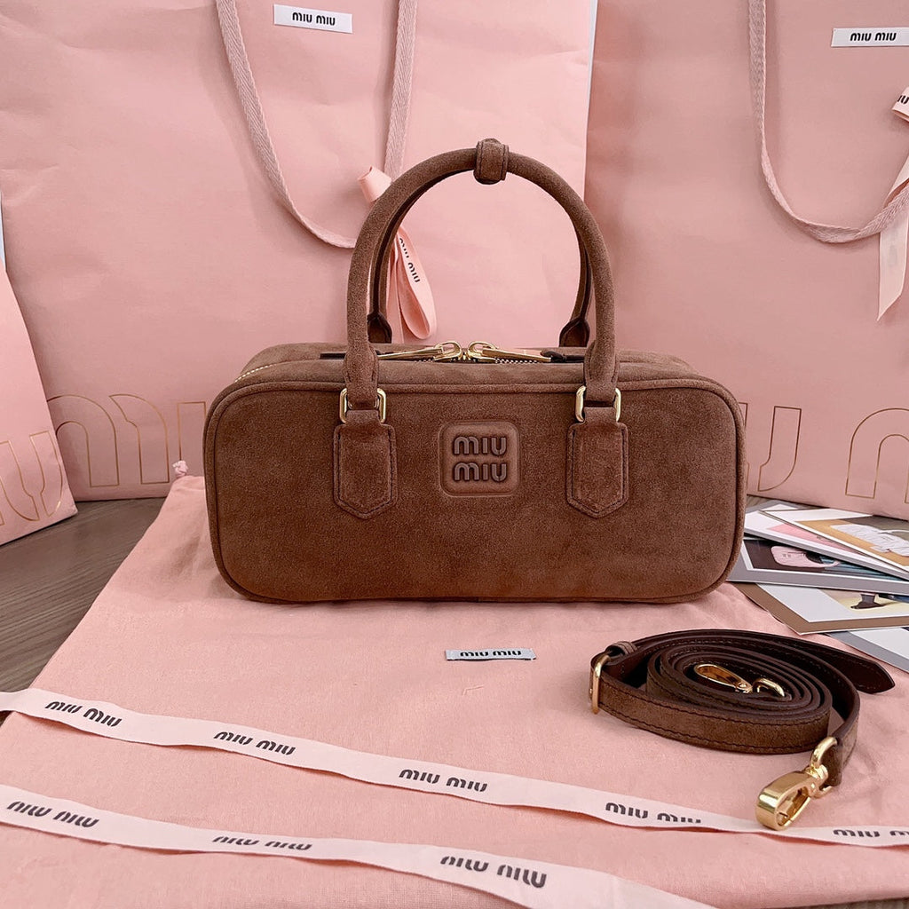 MIU MIU ARCADIE BAG 27 IN PENNY BROWN SUEDE GOLD HARDWARE