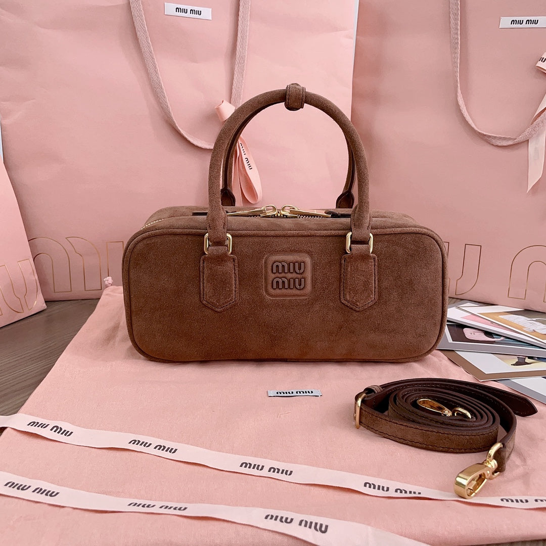 MIU MIU ARCADIE BAG 27 IN PENNY BROWN SUEDE GOLD HARDWARE