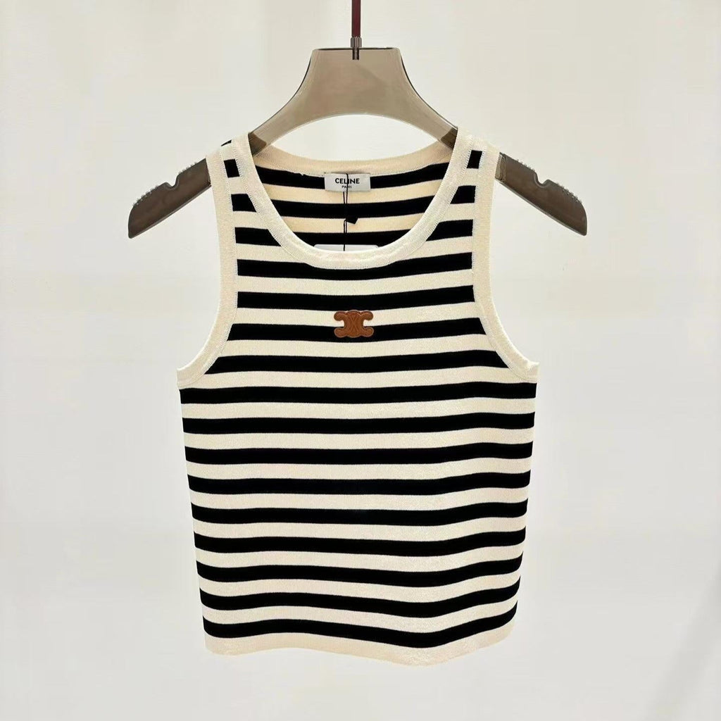 CELINE Celin Black Beige Stripe Tank Top