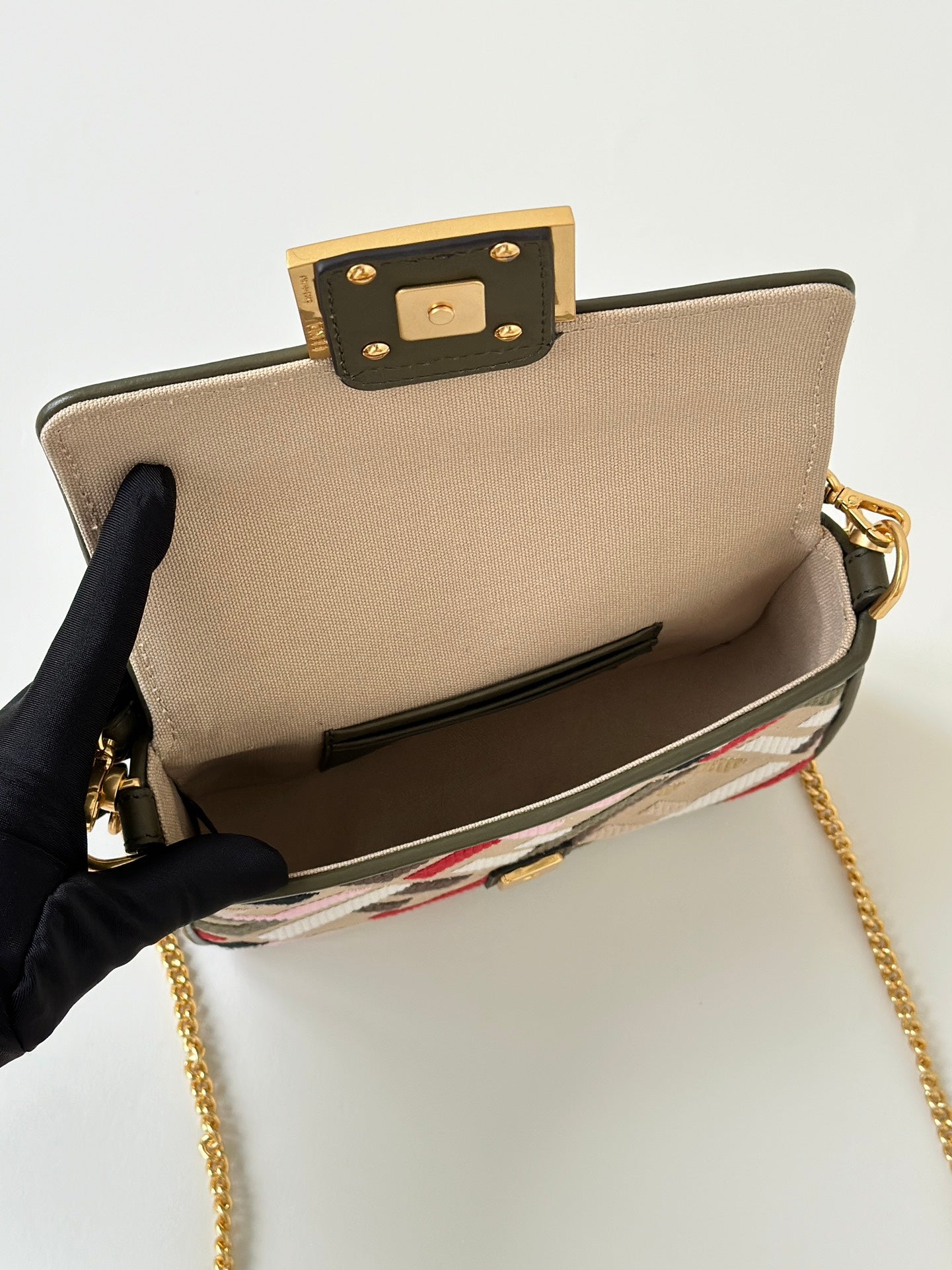 FENDI BAGUETTE CANVAS 19 BAG WITH MULTICOLOUR FF EMBROIDERY GOLD HARDWARE