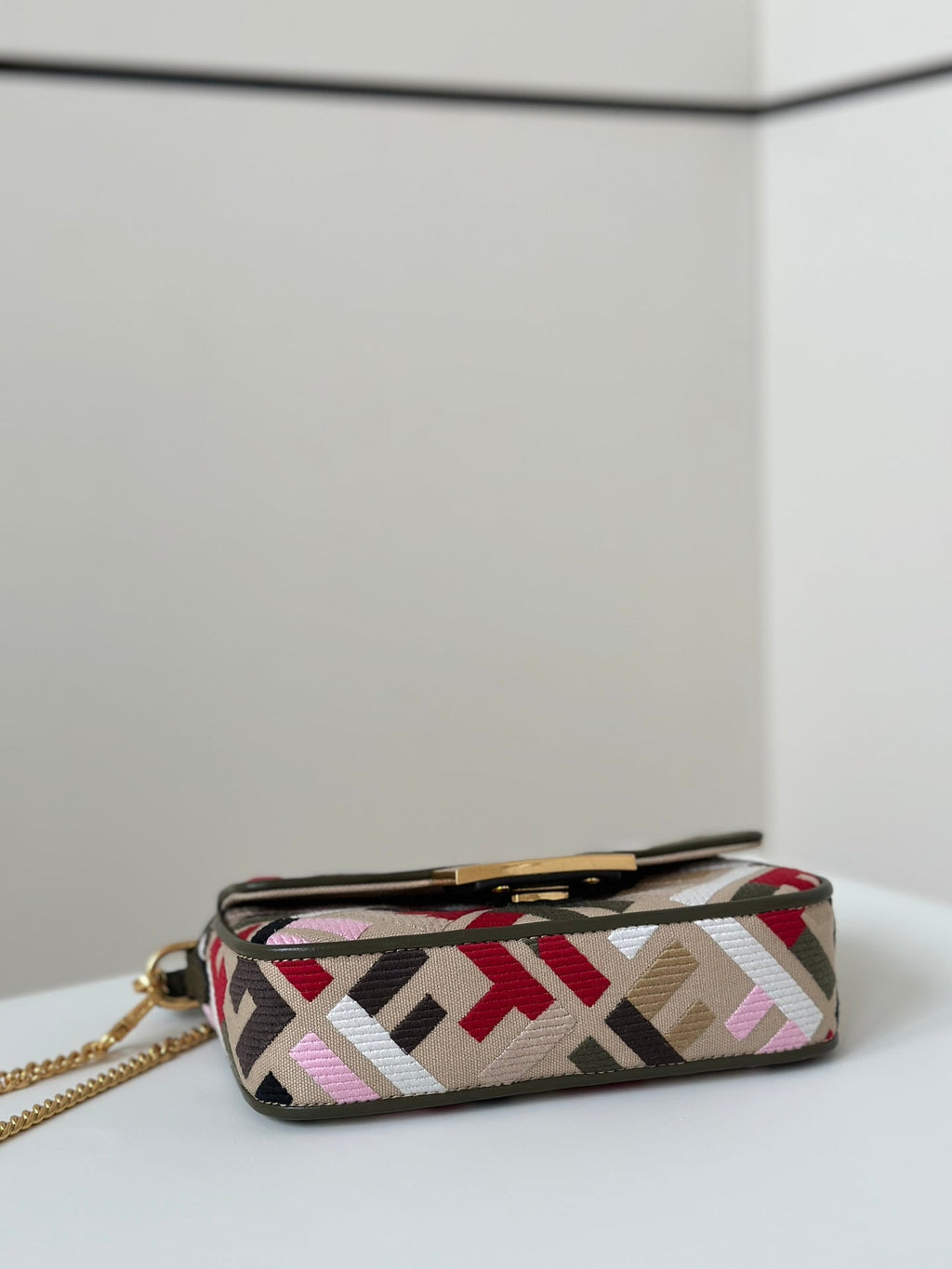 FENDI BAGUETTE CANVAS 19 BAG WITH MULTICOLOUR FF EMBROIDERY GOLD HARDWARE
