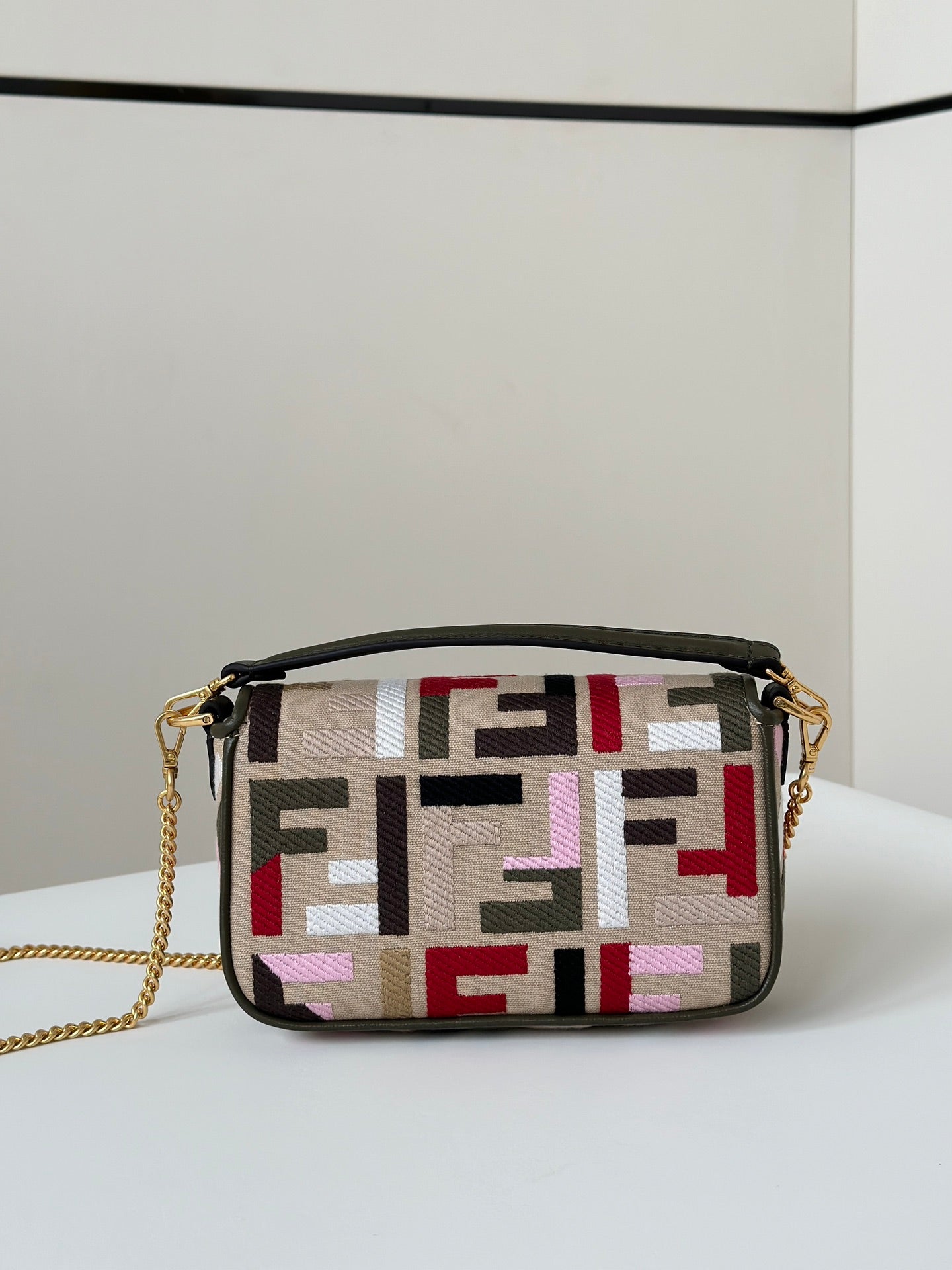 FENDI BAGUETTE CANVAS 19 BAG WITH MULTICOLOUR FF EMBROIDERY GOLD HARDWARE