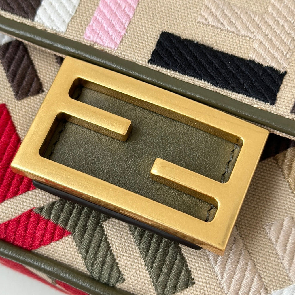 FENDI BAGUETTE CANVAS 19 BAG WITH MULTICOLOUR FF EMBROIDERY GOLD HARDWARE