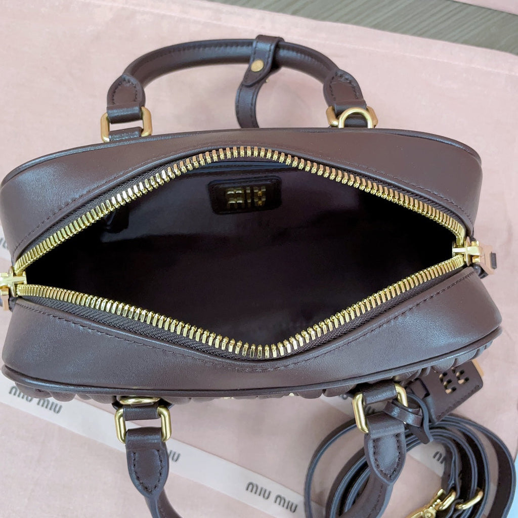 MIU MIU ARCADIE MATELASSÉ NAPPA BAG 22 IN CHESTNUT BROWN CALFSKIN GOLD HARDWARE