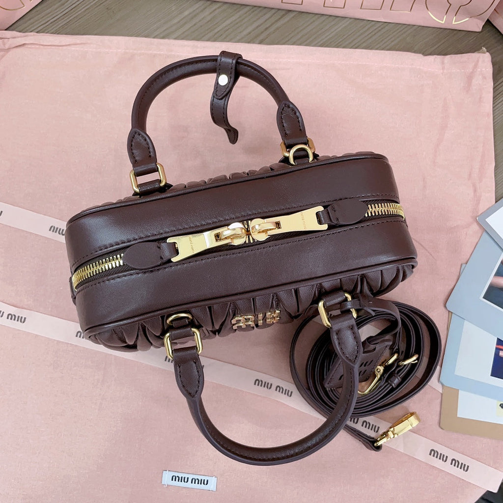 MIU MIU ARCADIE MATELASSÉ NAPPA BAG 22 IN CHESTNUT BROWN CALFSKIN GOLD HARDWARE