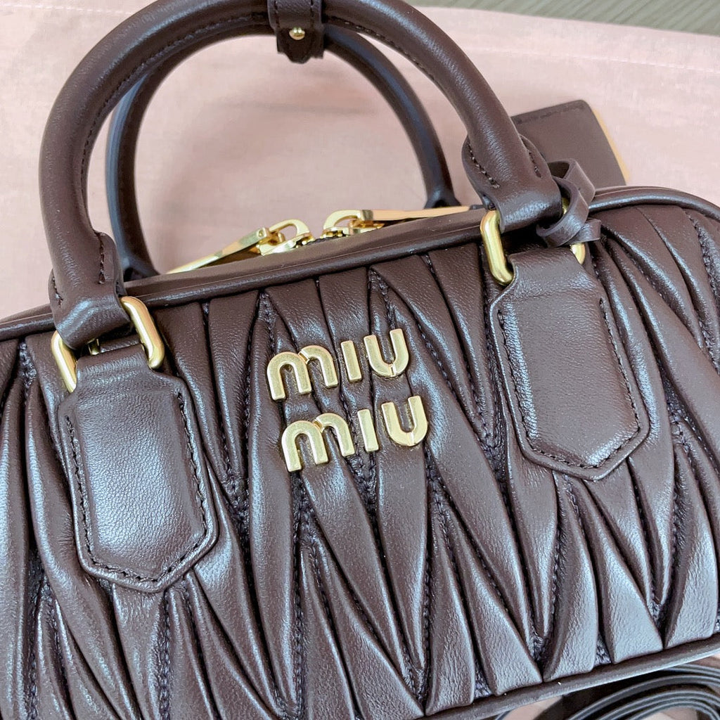 MIU MIU ARCADIE MATELASSÉ NAPPA BAG 22 IN CHESTNUT BROWN CALFSKIN GOLD HARDWARE