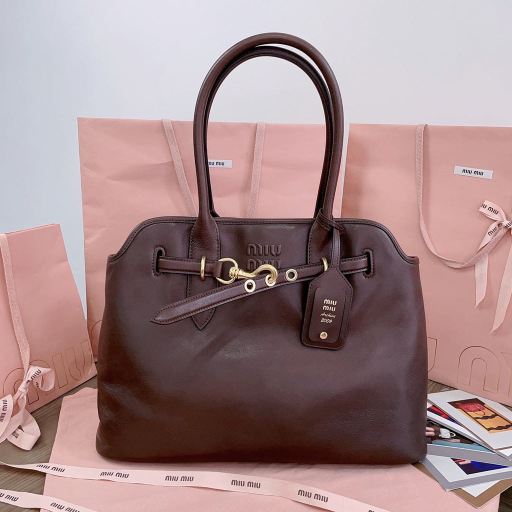 MIU MIU AVENTURE NAPPA BAG 40 IN CHESTNUT LAMBSKIN GOLD HARDWARE