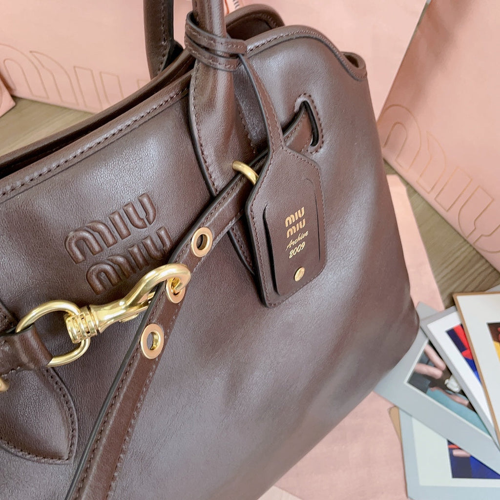 MIU MIU AVENTURE NAPPA BAG 40 IN CHESTNUT LAMBSKIN GOLD HARDWARE
