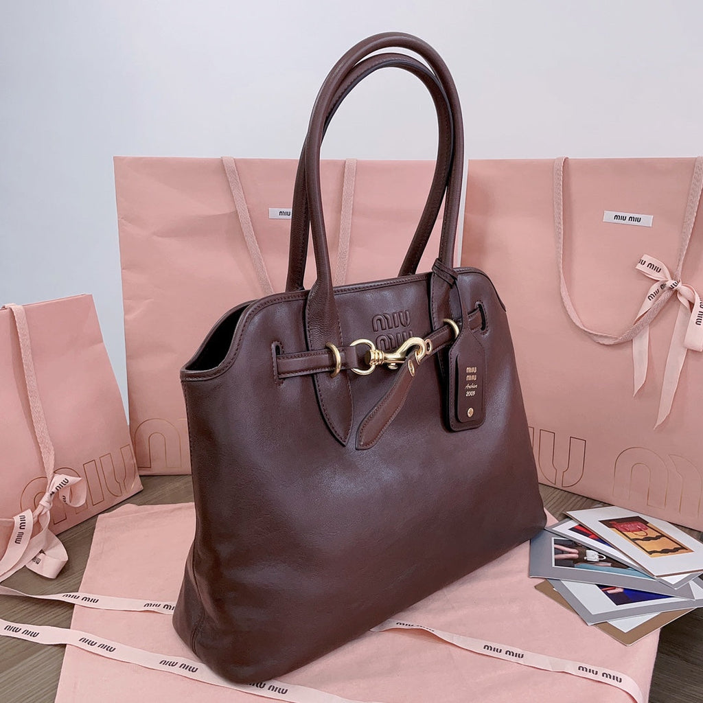 MIU MIU AVENTURE NAPPA BAG 40 IN CHESTNUT LAMBSKIN GOLD HARDWARE