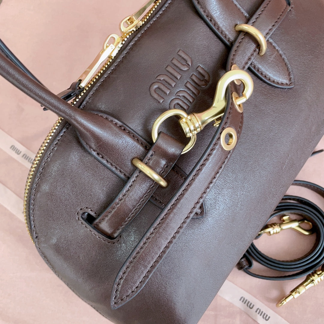 MIU MIU AVENTURE NAPPA BAG 28 IN CHESTNUT LAMBSKIN GOLD HARDWARE