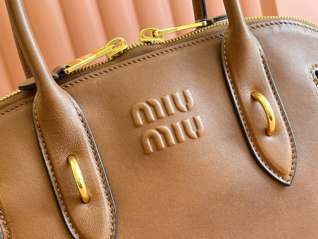 MIU MIU AVENTURE NAPPA BAG 33 IN CARAMEL BROWN LAMBSKIN GOLD HARDWARE