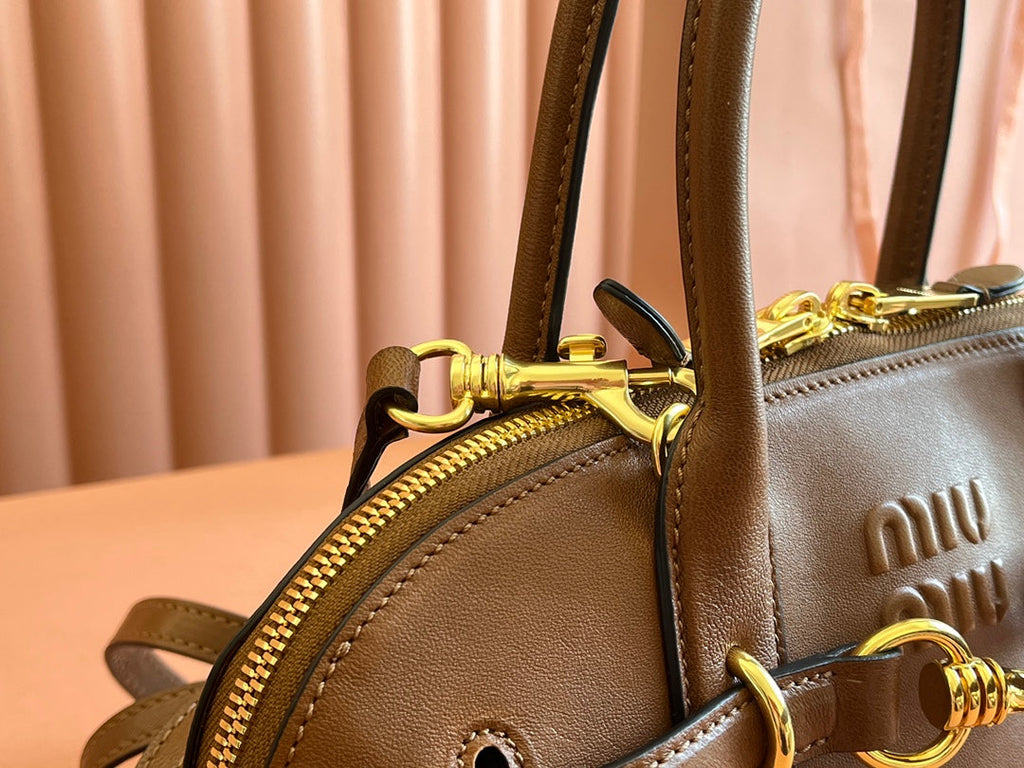 MIU MIU AVENTURE NAPPA BAG 33 IN CARAMEL BROWN LAMBSKIN GOLD HARDWARE