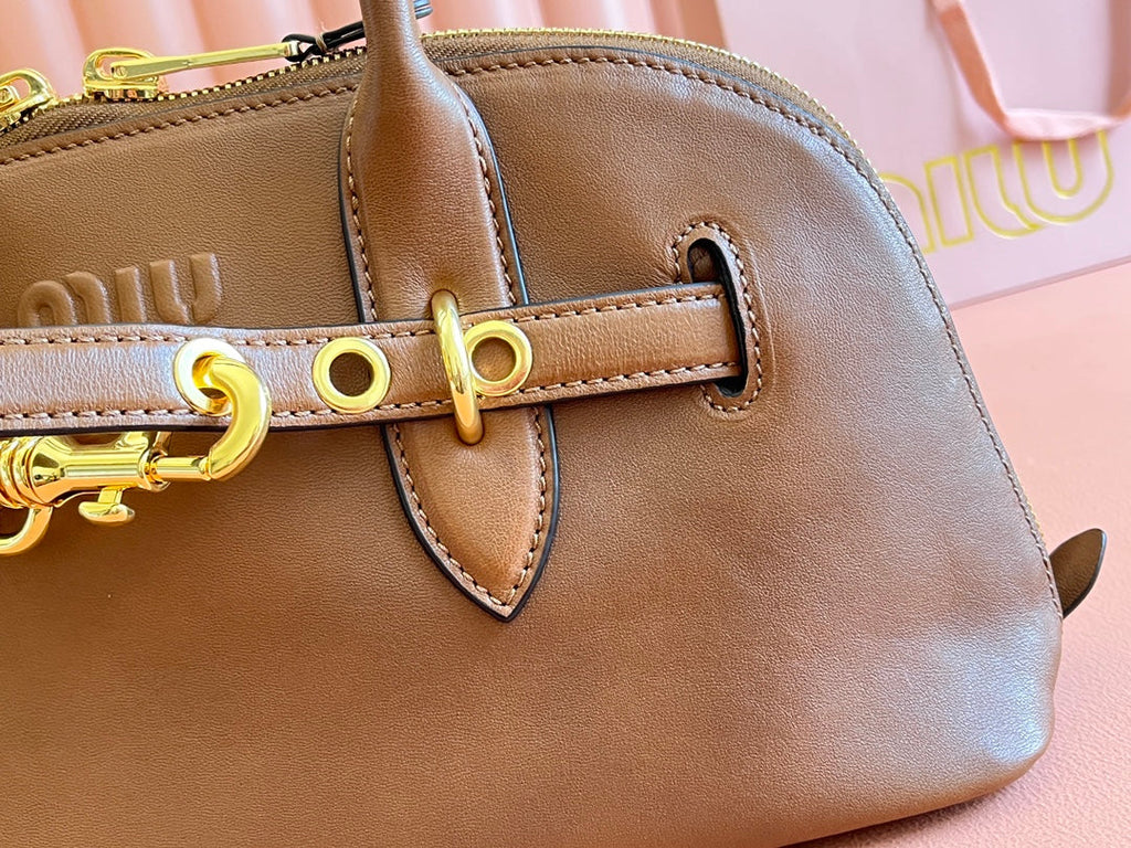 MIU MIU AVENTURE NAPPA BAG 33 IN CARAMEL BROWN LAMBSKIN GOLD HARDWARE