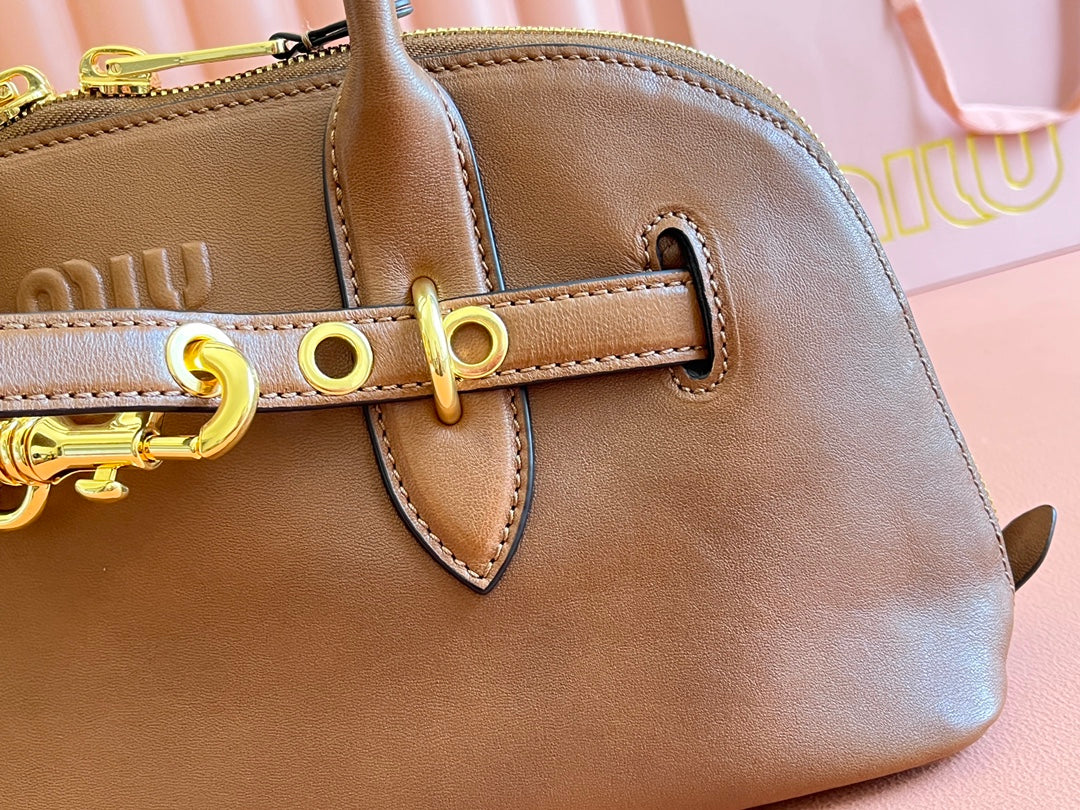 MIU MIU AVENTURE NAPPA BAG 33 IN CARAMEL BROWN LAMBSKIN GOLD HARDWARE