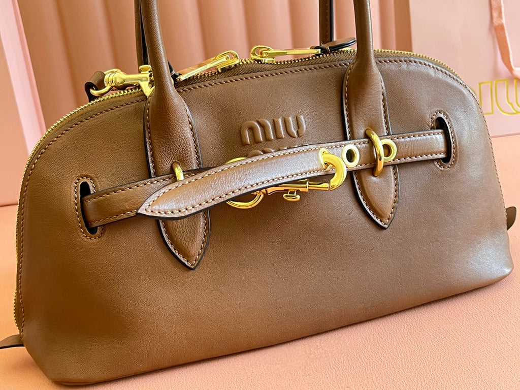 MIU MIU AVENTURE NAPPA BAG 33 IN CARAMEL BROWN LAMBSKIN GOLD HARDWARE