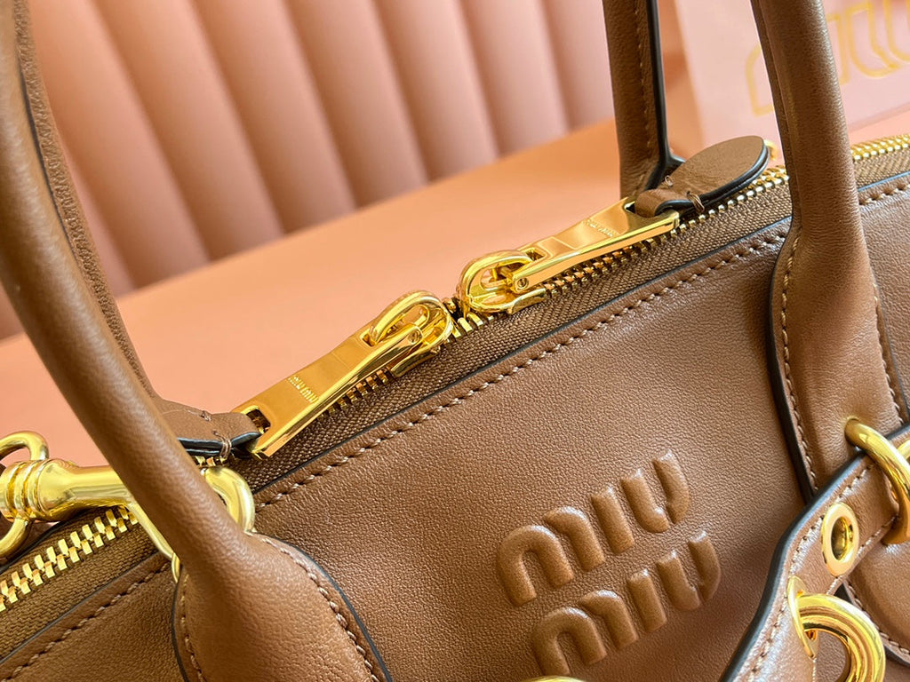 MIU MIU AVENTURE NAPPA BAG 33 IN CARAMEL BROWN LAMBSKIN GOLD HARDWARE