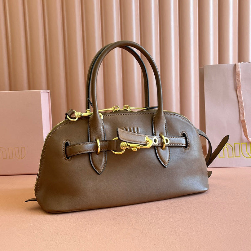 MIU MIU AVENTURE NAPPA BAG 33 IN CARAMEL BROWN LAMBSKIN GOLD HARDWARE