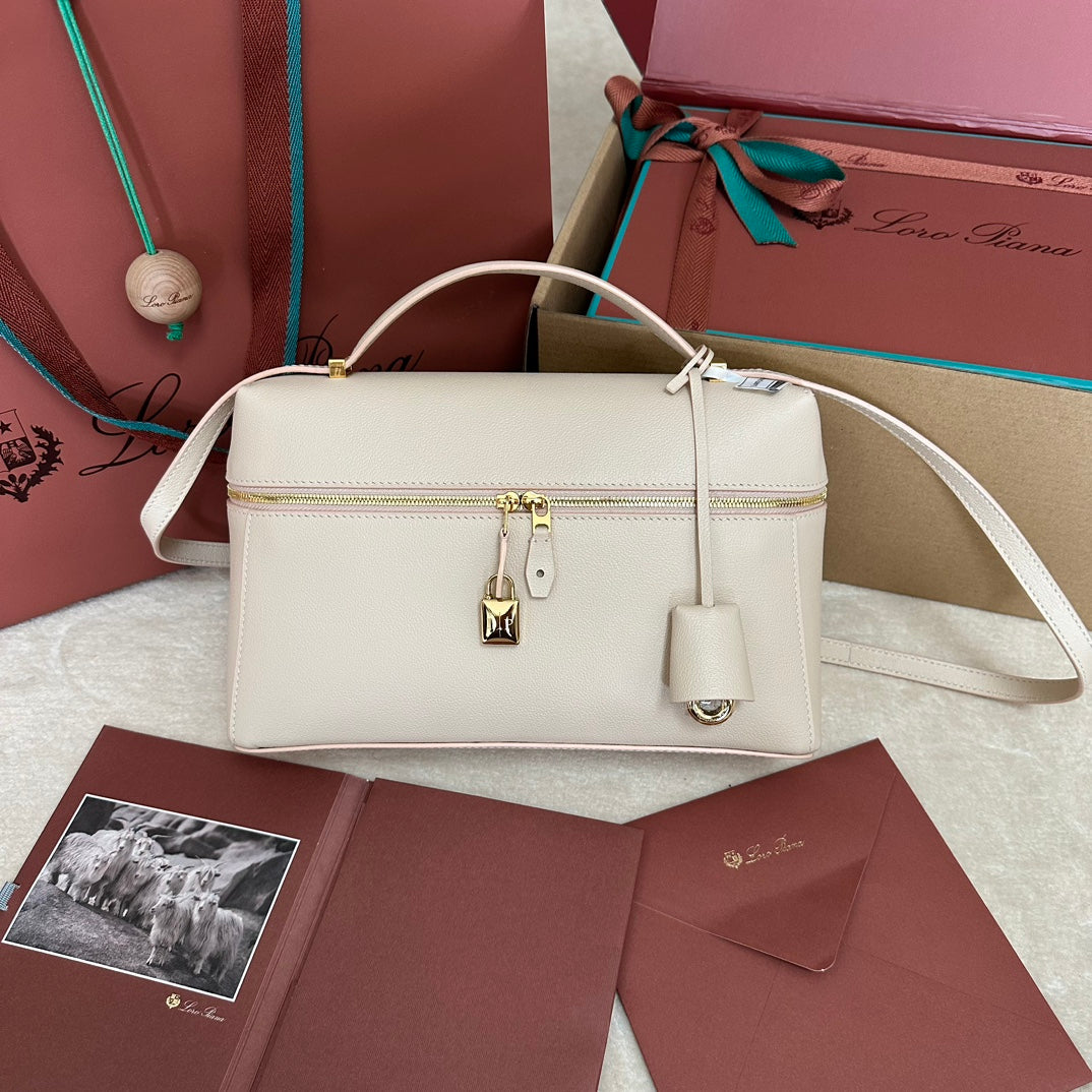 LORO PIANA EXTRA BAG L27 IN LIGHT PINK SMOOTH CALFSKIN WITH GOLD HARDWARE