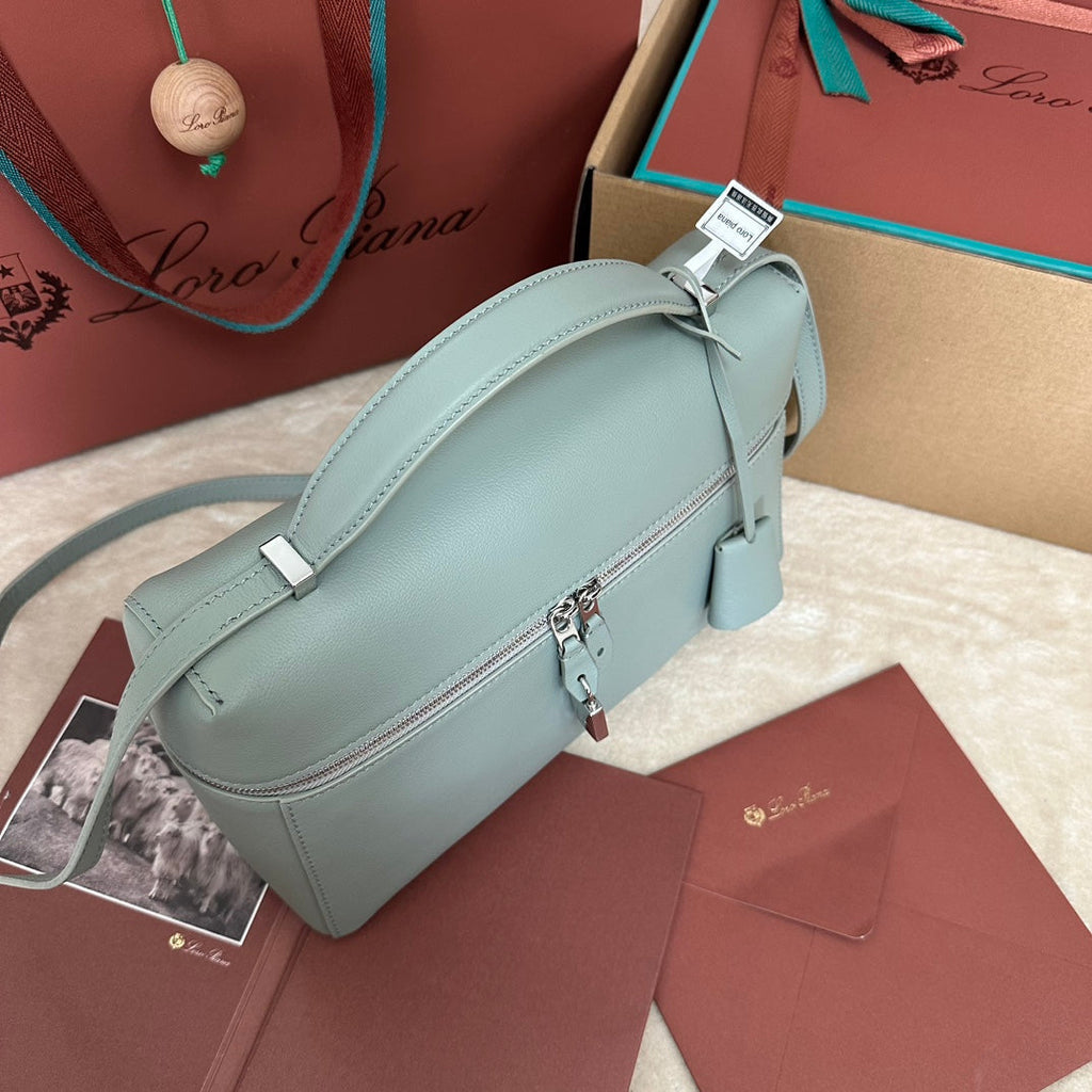 LORO PIANA EXTRA BAG L27 IN POWDER BLUE SMOOTH CALFSKIN