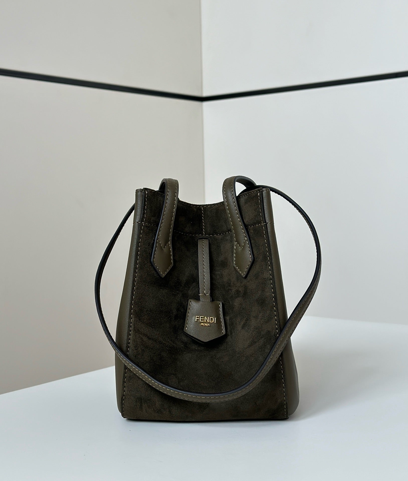 FENDI ORIGAMI MINI 19 IN ARMY GREEN LAMBSKIN AND SUEDE