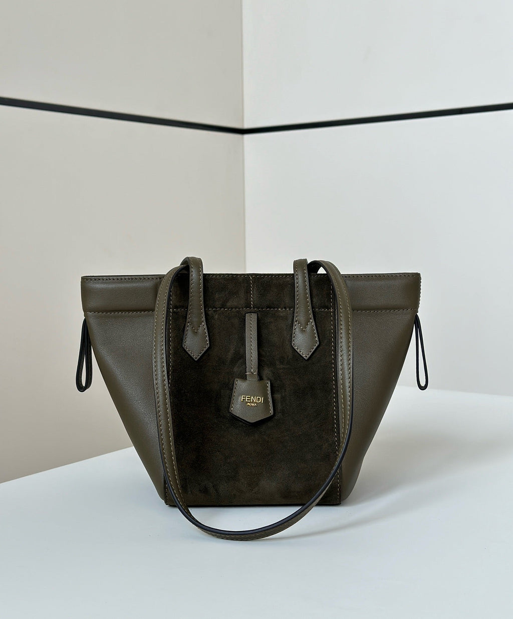 FENDI ORIGAMI MINI 19 IN ARMY GREEN LAMBSKIN AND SUEDE