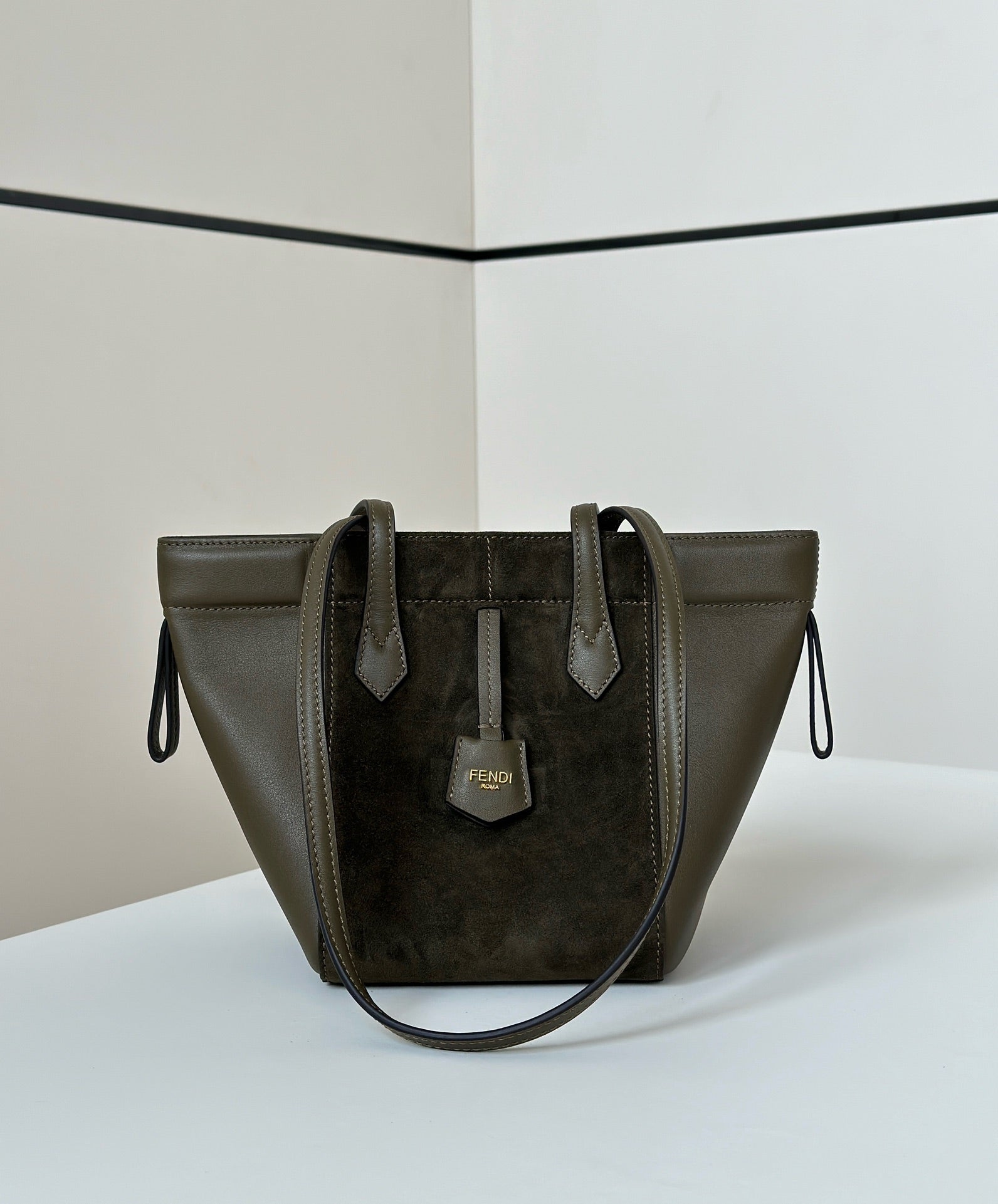 FENDI ORIGAMI MINI 19 IN ARMY GREEN LAMBSKIN AND SUEDE
