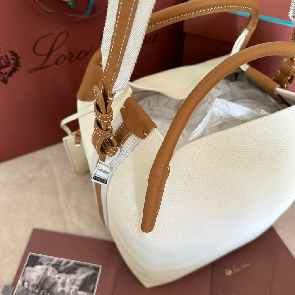LORO PIANA MEDIUM 36 BAG IN WHITE MIX BRONZE BROWN CALFSKIN WITH GOLD HARDWARE