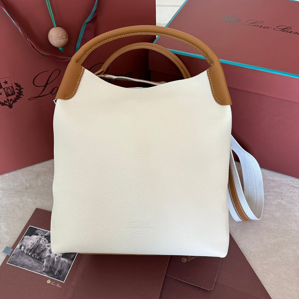 LORO PIANA MEDIUM 36 BAG IN WHITE MIX BRONZE BROWN CALFSKIN WITH GOLD HARDWARE