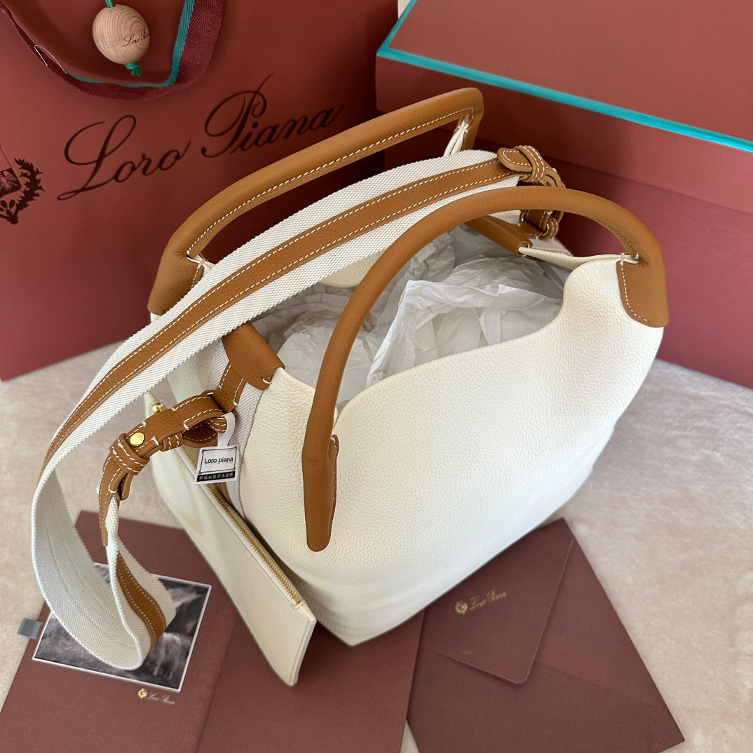 LORO PIANA MEDIUM 36 BAG IN WHITE MIX BRONZE BROWN CALFSKIN WITH GOLD HARDWARE