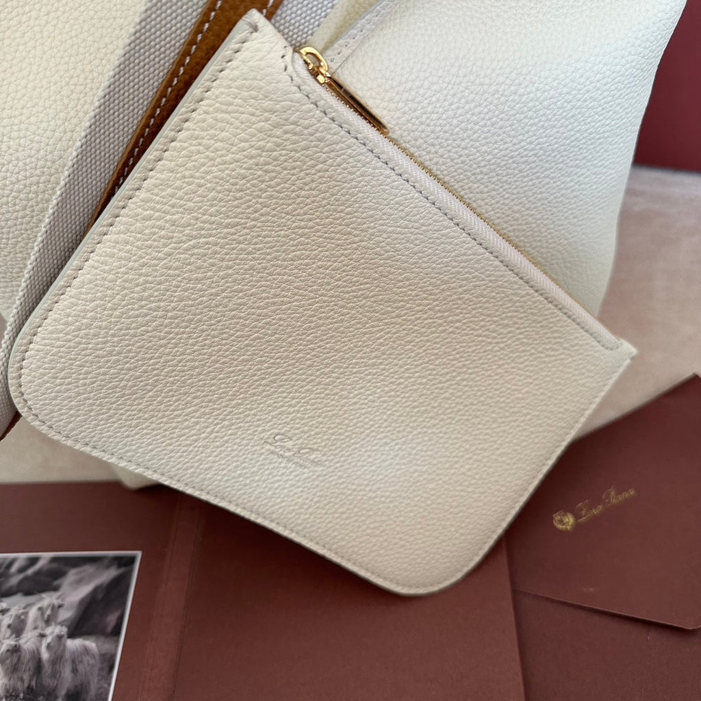 LORO PIANA MEDIUM 36 BAG IN WHITE MIX BRONZE BROWN CALFSKIN WITH GOLD HARDWARE