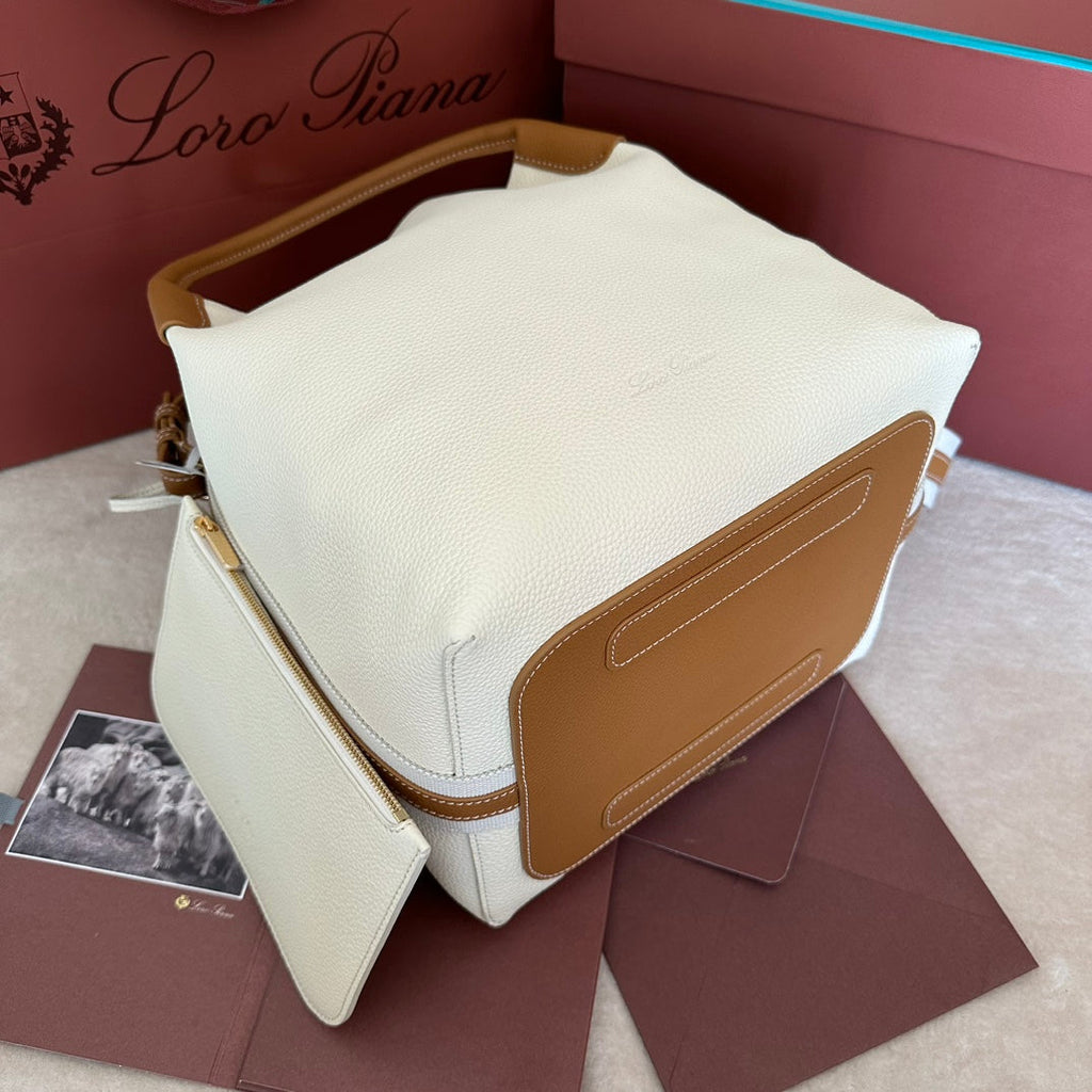 LORO PIANA MEDIUM 36 BAG IN WHITE MIX BRONZE BROWN CALFSKIN WITH GOLD HARDWARE